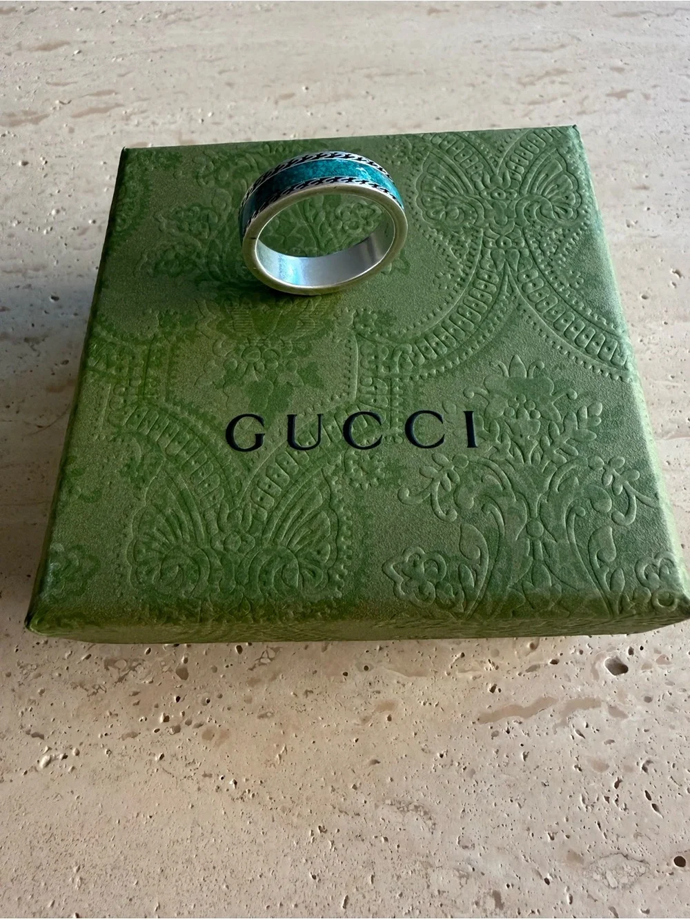 NWT GUCCI INTERLOCKING G RING STERLING SILVER TURQUOISE ENAMEL DESIGNER SIZE: 21